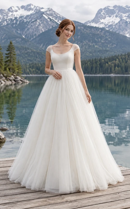 Vestido de novia sencillo de corte A, escote redondo, manga corta y cola de tul.