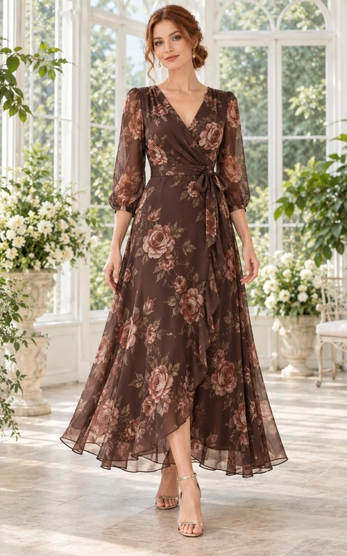 Chocolate Rose Print Wrap V-Neck Three-Quarter Sleeve Floor-Length Chiffon Guest Dress