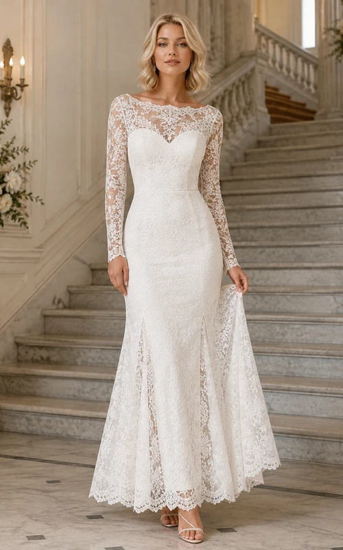 Vintage Bateau Long Sleeve Illusion Lace Mermaid Floor-Length Modest Civil Wedding Dress