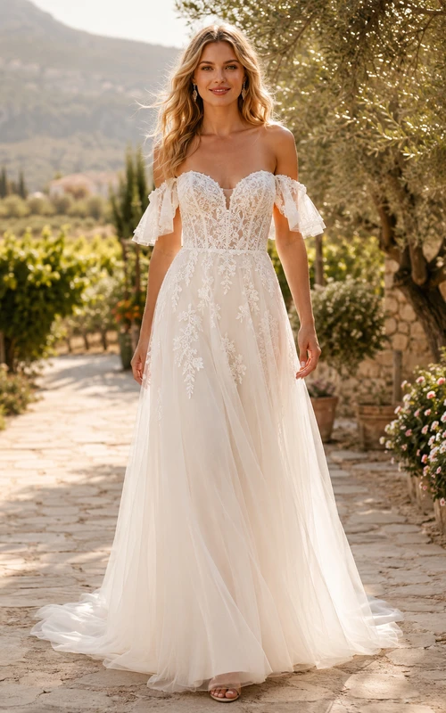 Summer Off Shoulder Flutter Sleeve Floral Lace Tulle A-Line Sweep Wedding Gown