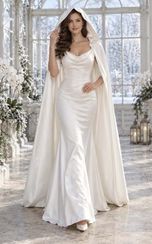 Vestido de invierno sencillo de satén con cuello drapeado y capa con capucha, ideal para bodas.