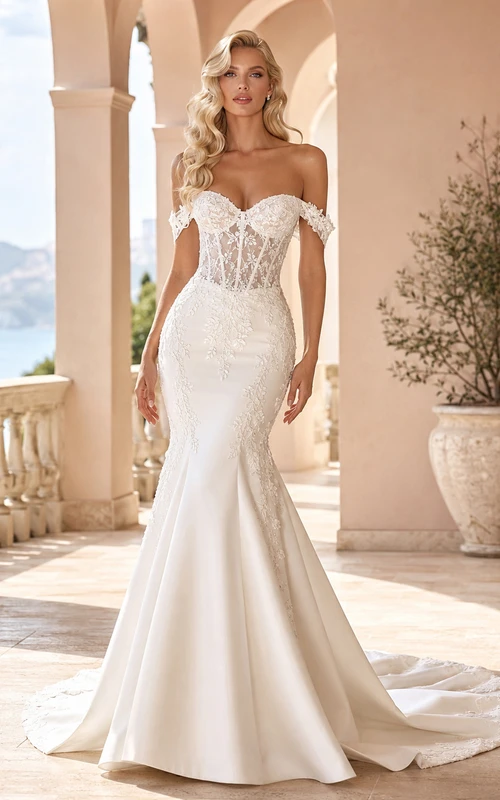 Robe de mariée sirène en satin poli et dentelle, épaules dénudées, manches courtes, corsage à traîne chapelle et dos nu, robe de mariée à bustier court et traîne chapelle, épaules dénudées et manches courtes.