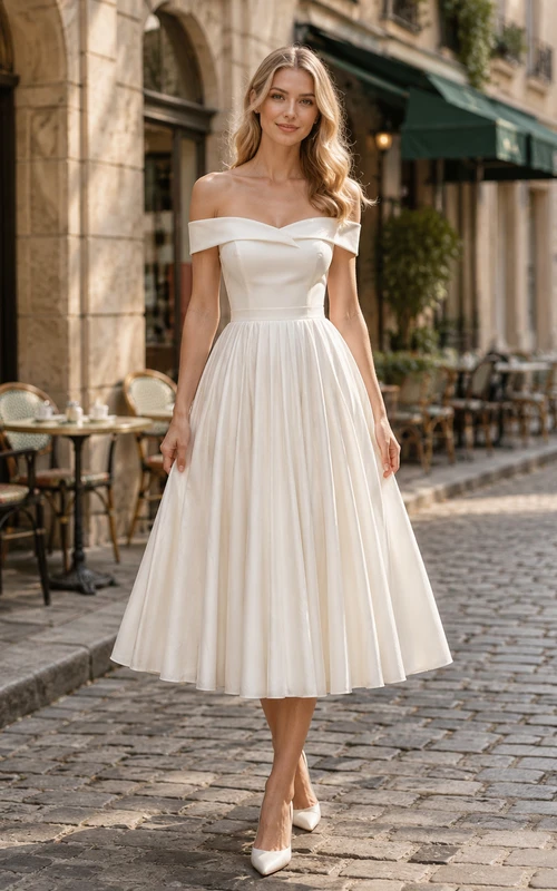 Off-Shoulder Pleated Tea-Length European Cafe Street Bridal Dress