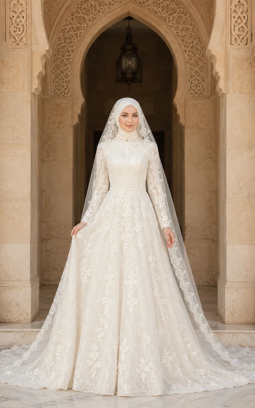Vestido de novia musulmán modesto con velo ribeteado de encaje para la mezquita