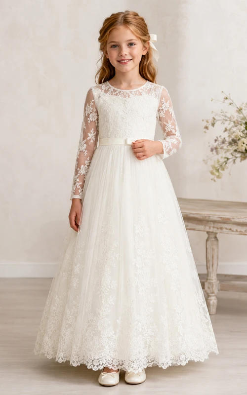 Kommunionkleid mit hohem Kragen, langen Illusionsärmeln und Spitze