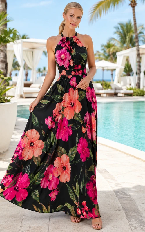 Robe longue dos nu à imprimé floral audacieux noir pour shooting lifestyle
