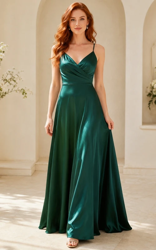 Emerald Cowl Neck Satin Spaghetti Strap A-Line Floor Length Evening Dress