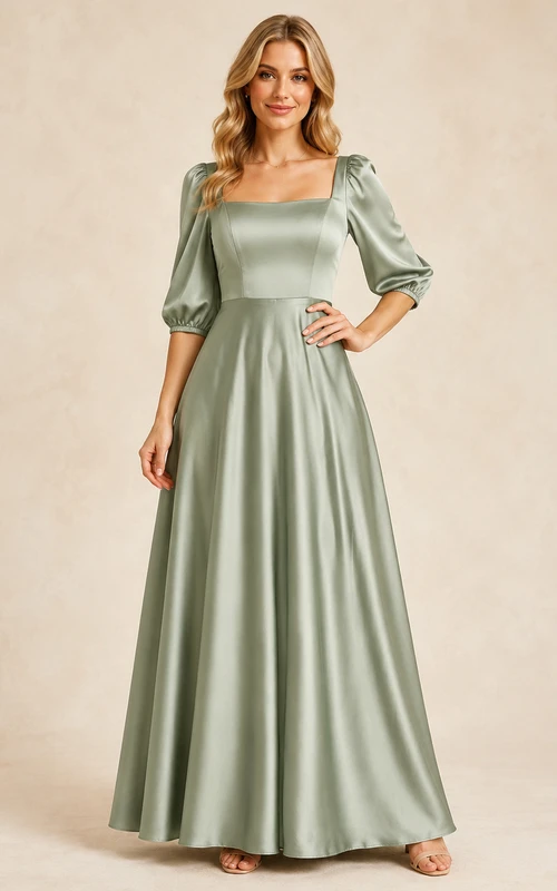 Sage Satin Square Neck Puff Sleeve Formal Gown