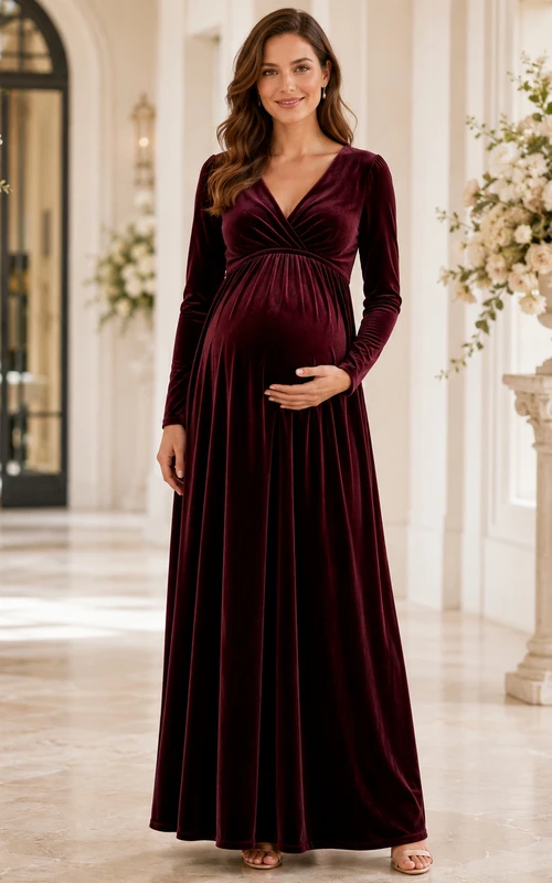 Vestido de maternidad de terciopelo burdeos con cuello en V y manga larga estilo imperio para invitadas