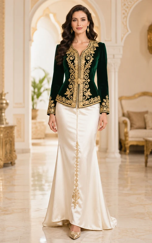 Zweiteiliges bodenlanges Jackenkleid-Set von Emerald Karakou mit V-Ausschnitt und goldener Stickerei