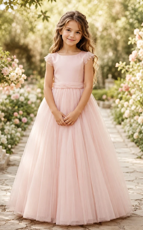 Rosa A-Linien-Kleid aus Tüllspitze für Blumenmädchen mit kurzen Ärmeln, Rundhalsausschnitt, wadenlangem Rock und Schleifendetail.