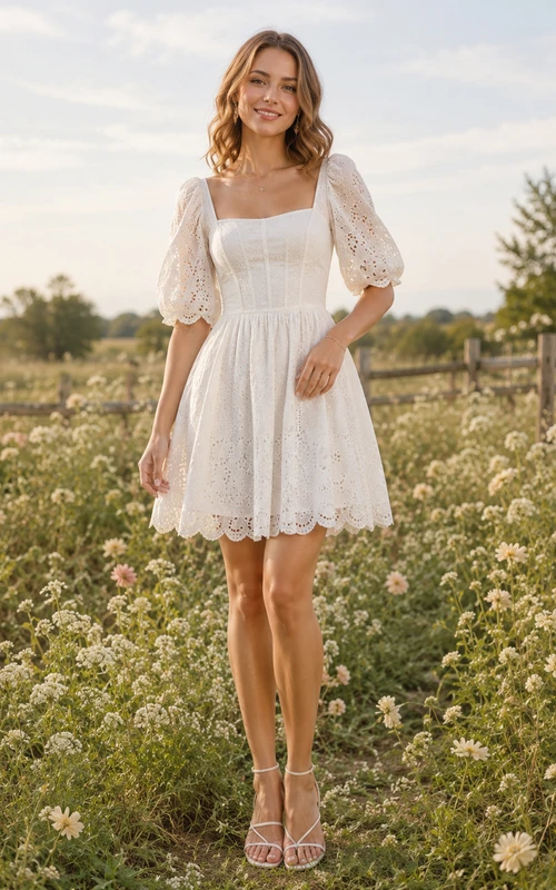Vestido de novia campestre bohemio corto con cuello cuadrado y mangas abullonadas de encaje