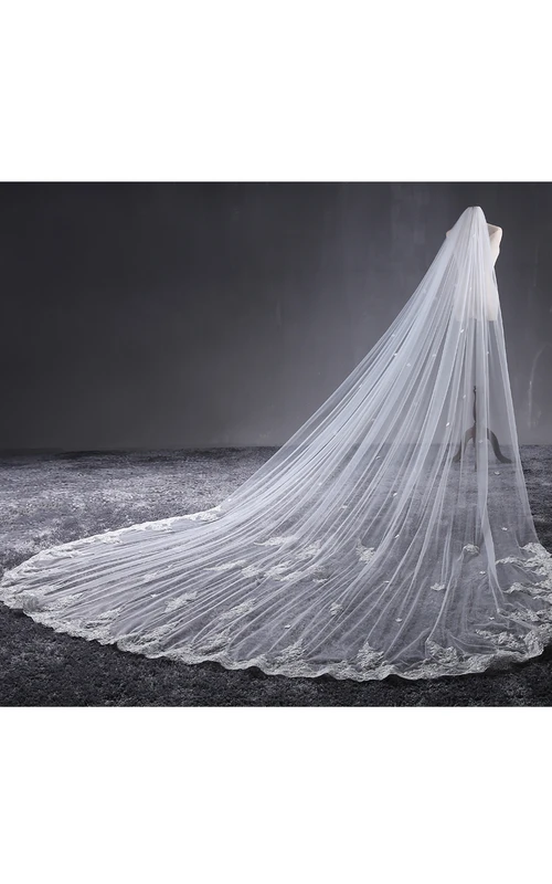 Voile de mariée cathédrale en tulle vaporeux avec bordure en dentelle et appliques florales