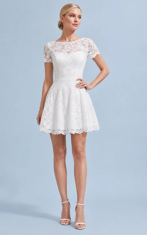Minivestido elegante de corte A con cuello joya, manga corta y encaje blanco