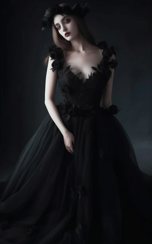 Schwarzes Gothic-Ballkleid in A-Linie mit floralen Applikationen aus Tüll, ideal für Abschlussball, Prinzessinnenhochzeit