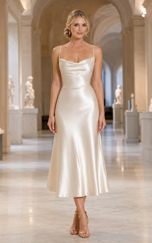 Vestido midi de satén color marfil con tirantes finos y escote drapeado para recepción de donantes