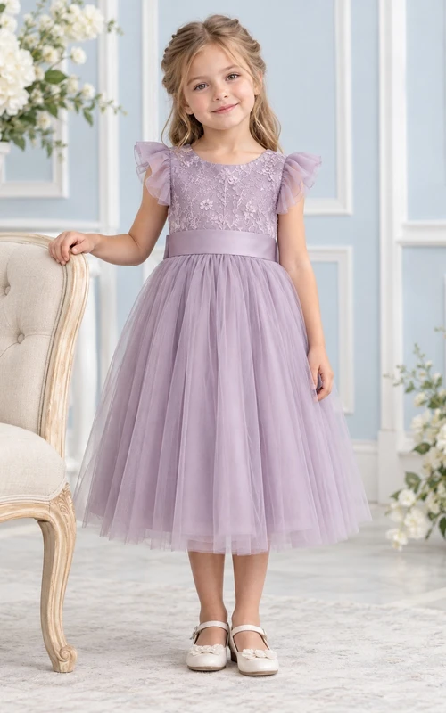 Teelanges, lilafarbenes A-Linien-Kleid aus Spitze und Tüll mit flatternden Ärmeln, Schärpe und Schleife am Rücken für Blumenmädchen