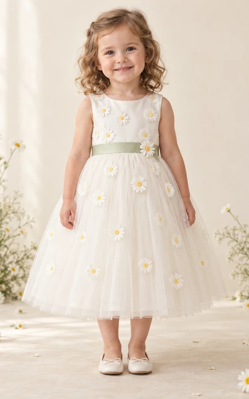 Teelanges, elfenbeinfarbenes, geblümtes Sommerkleid in A-Linie aus Tüll, ärmellos mit grüner Schärpe, Blumenmädchenkleid
