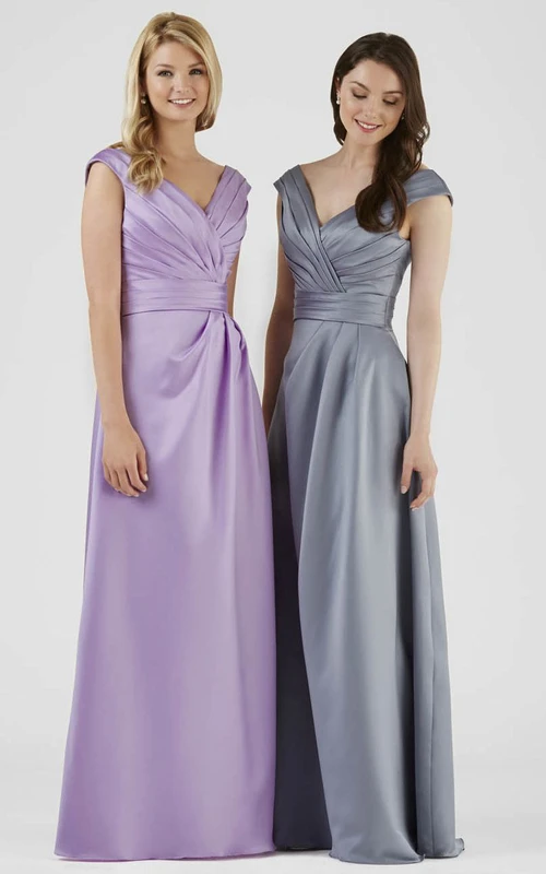 Floor-Length V-Neck Ruched Satin Bridesmaid Dress With V Back