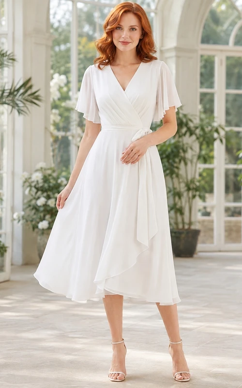 Robe romantique blanche en mousseline de soie, cache-cœur, col en V, manches courtes, coupe trapèze, drapée, longueur thé