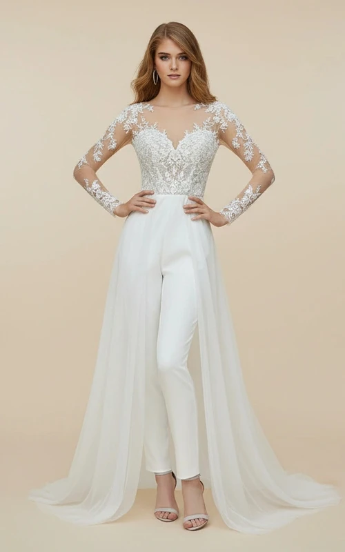 Long Sleeve Illusion Lace Bridal Jumpsuit with Detachable Overskirt