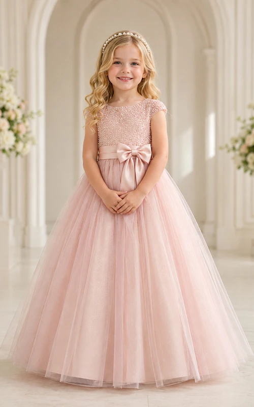 Lace Bodice Tulle Flower Girl Dress with Bow Back