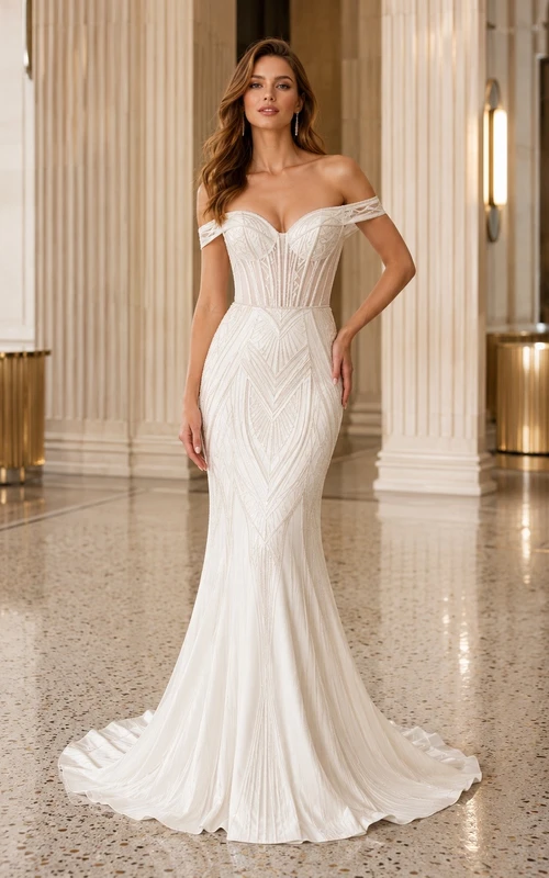 Vestido de novia blanco moderno estilo sirena con lentejuelas y abalorios, escote Bardot