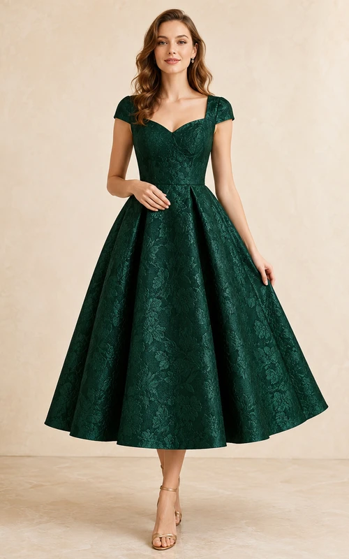 Vestido de invitada de jacquard de corte A con escote corazón y mangas cortas en verde oscuro