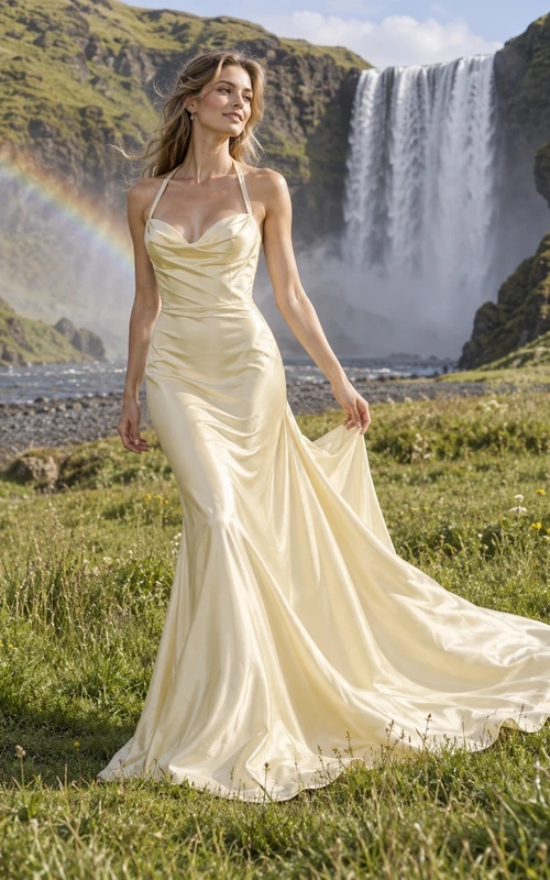 Vestido de novia de charmeuse estilo sirena con escote halter, escote corazón tipo drapeado y espalda cruzada fruncida.