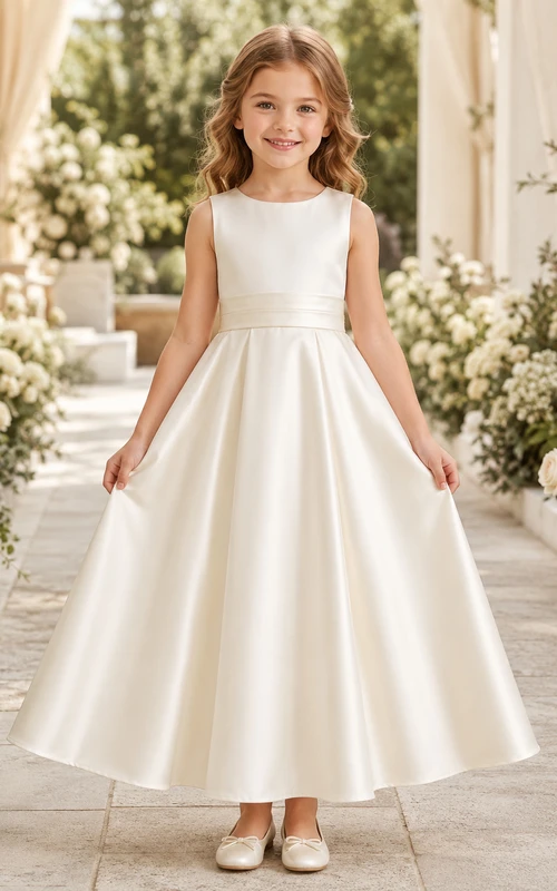 Klassisches, teelanges Blumenmädchenkleid aus Satin