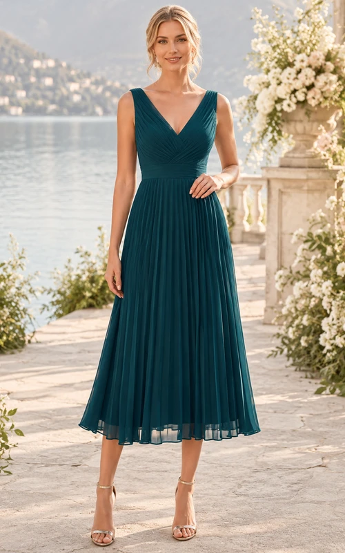 Peacock V Neck Sleeveless Pleated Chiffon Midi Guest Dress