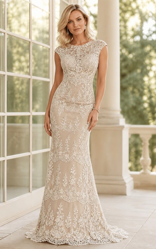 Vestido de novia de dos piezas, estilo sirena, modesto, con cuello alto y cola de encaje.