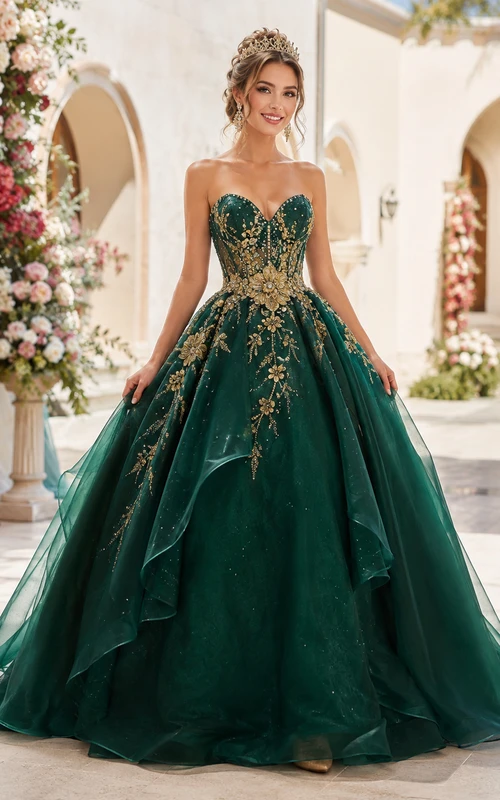 Dunkelgrünes, bodenlanges, trägerloses Ballkleid im Patronatsstil mit goldener Stickerei