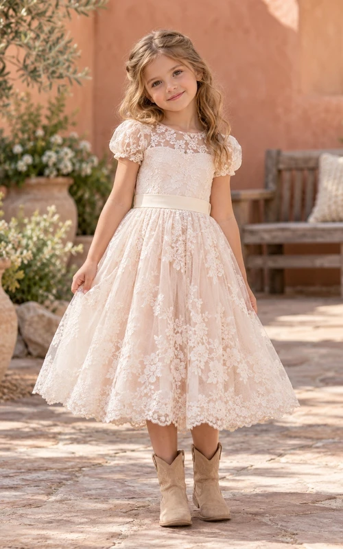 Country Blushing Pink Puff Sleeve Lace Flower Girl Dress
