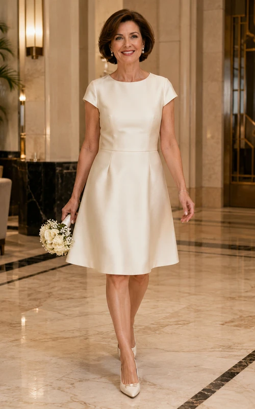 Robe de mariée simple et élégante pour femme mûre, manches bateau, en satin, coupe trapèze, longueur genou, idéale pour un mariage à la mairie.