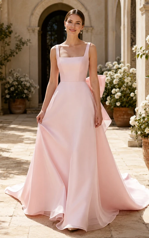Pearl Pink Square Neck Satin A-Line Bow Back Cathedral Wedding Gown