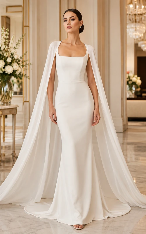 Robe de mariée fourreau en satin et tulle, col carré, sans manches, traîne.