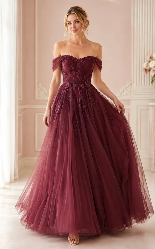 Burgundy Off-Shoulder Lace Applique Tulle Ball Gown Floor-Length Romantic Dress