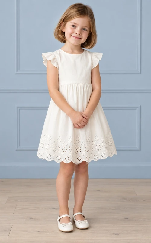 Robe de demoiselle d'honneur simple et modeste, couleur ivoire, longueur genou, ornée de petits bijoux, manches papillon angulaires, ourlet festonné et froncée, fermeture éclair.