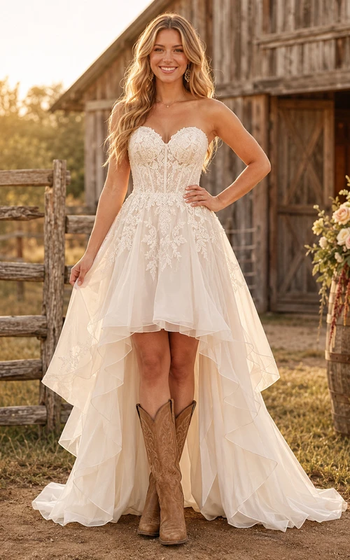 Robe de mariée de maternité, épaules dénudées, manches en dentelle, coupe trapèze, style champêtre, avec traîne