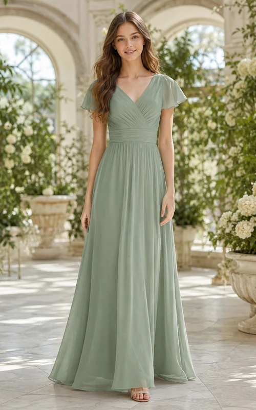 Celadonfarbenes Brautjungfernkleid für junge Damen, A-Linie, V-Ausschnitt, kurze Blütenblattärmel, elegant und romantisch
