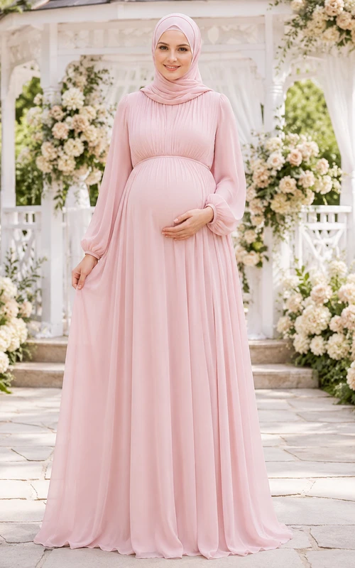 Zartrosa Umstandskleid aus Chiffon mit hohem Kragen, Poetenärmeln und Falten, geeignet für Hijab-Träger