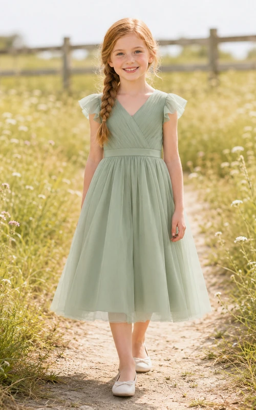 Robe de demoiselle d'honneur élégante couleur sauge, coupe trapèze, en tulle, col en V, manches pétales, longueur thé