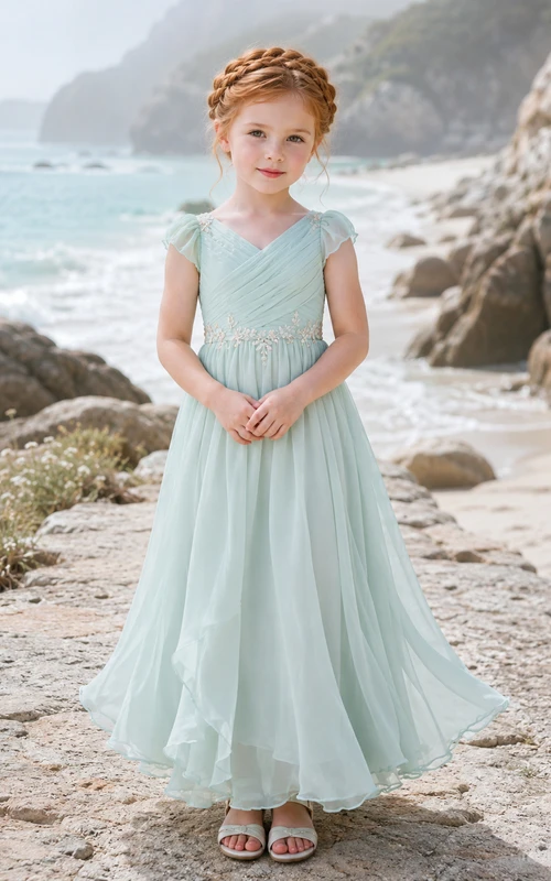 Blumenmädchenkleid aus salbeigrünem Chiffon-Tüll in A-Linie mit Rundhalsausschnitt und knielanger Silhouette, verziert mit einer Schärpe
