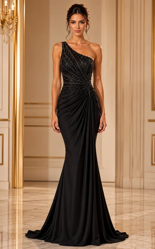 Robe de gala noire à col montant orné de perles de cristal, robe sirène asymétrique.