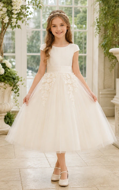 Vestido de niña de las flores, color marfil, tul, corte en A, sin mangas, cuello joya, largo midi, detalle de lazo.