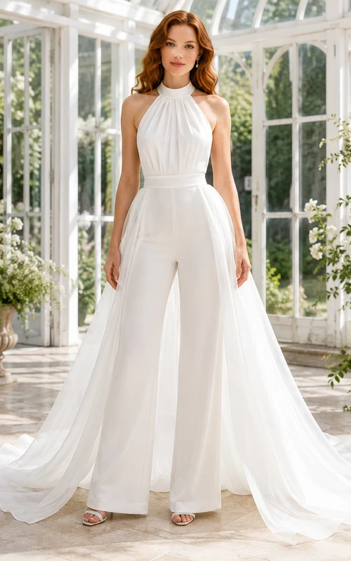 Combinaison de mariée blanche dos nu avec traîne en mousseline