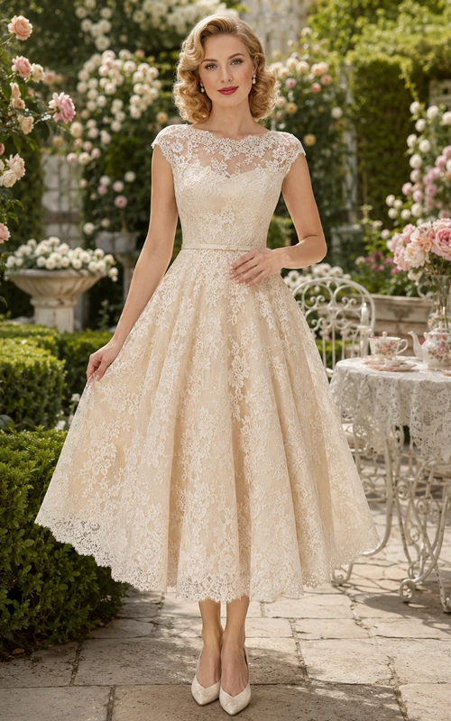 Cream illusion lace cap sleeve A-line tea length dress