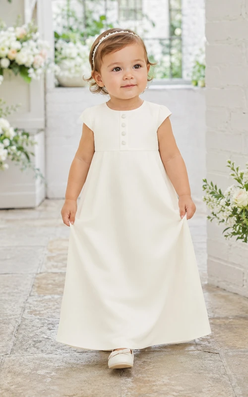 Minimalistisches Taufkleid für Babys und Kinder, A-Linie, knöchellang, mit Rundhalsausschnitt, ärmellos, aus Satin, Knopfleiste vorne, Knopfleiste hinten