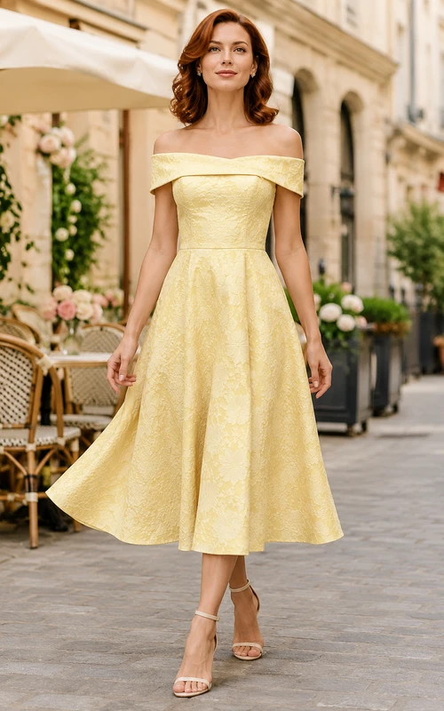 Vestido de corte A largo midi con hombros descubiertos color narciso